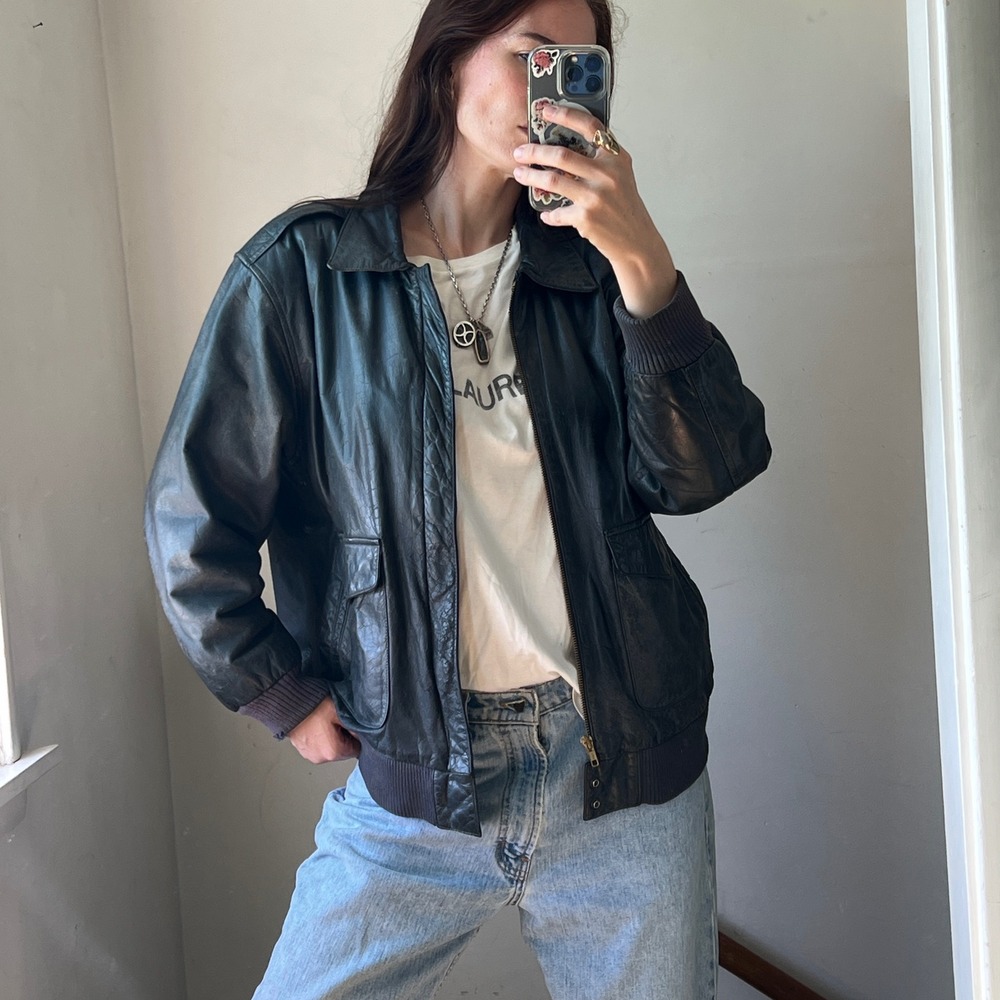 Vintage 90s Leather Bomber Jacket Black Faded Distressed Baggy Oversized Medium